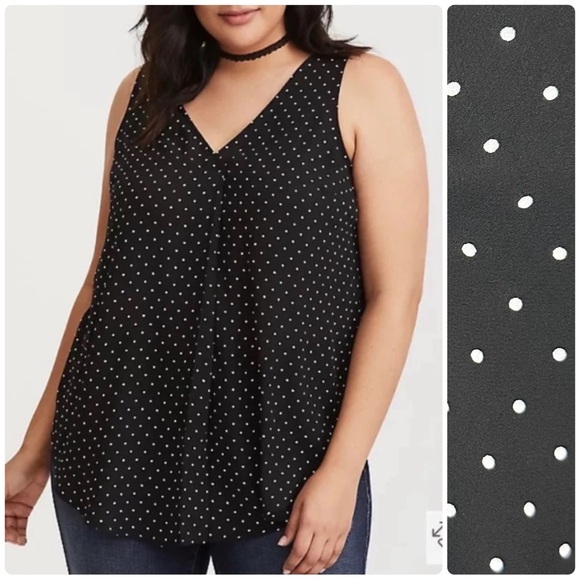 Torrid Black Polka Dot Georgette V Neck Single Pleat Tunic Tank Blouse M L 00 - Picture 1 of 13